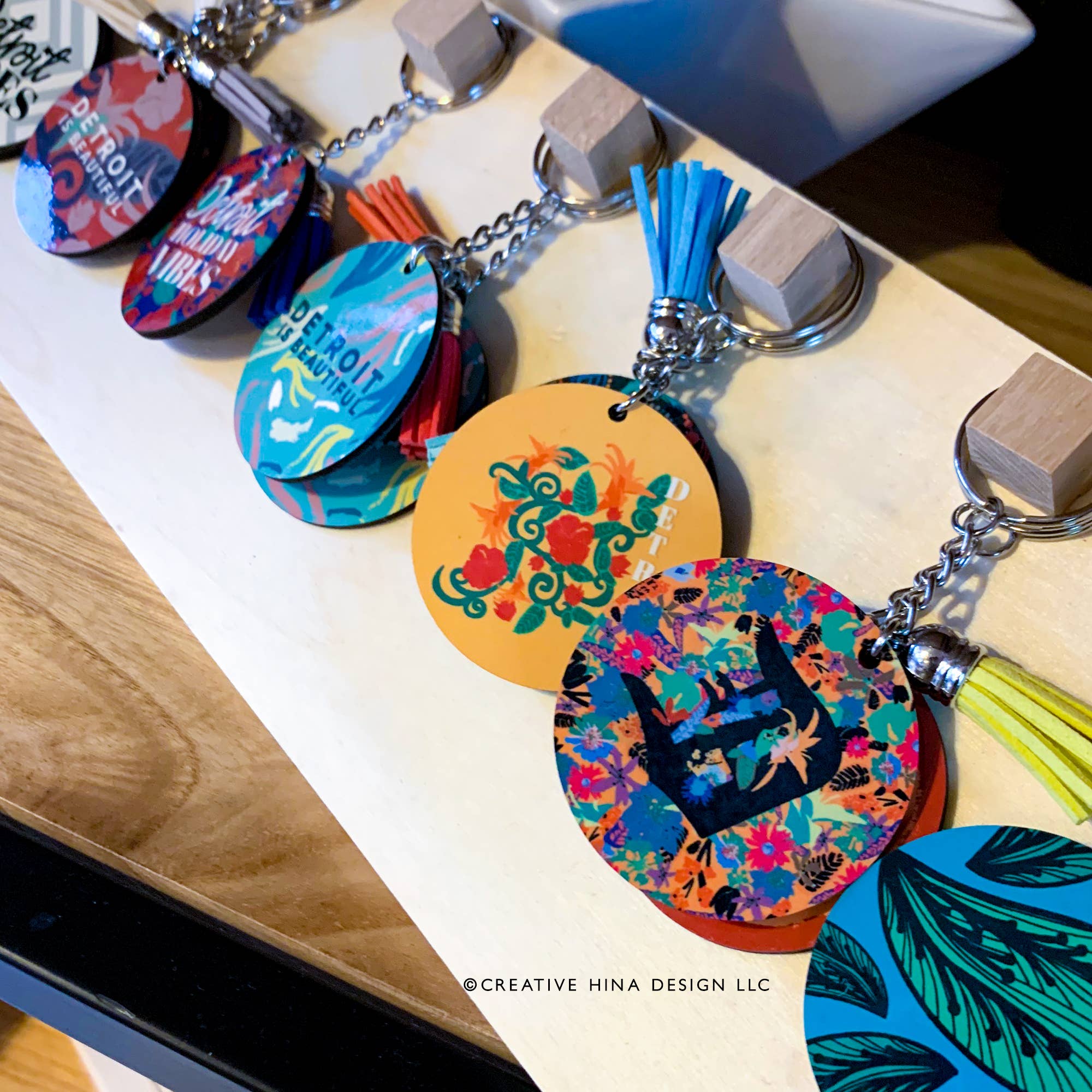 Creative Hina Design - Detroit Themed Keychains: "Detroit is Beautiful" Teal Brush strokes